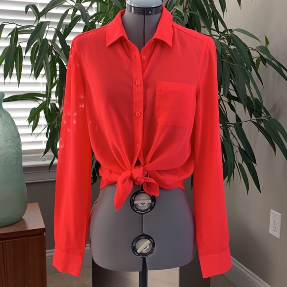 American Eagle Outfitters Button Down Neon Sheer Blouse - Picture 1 of 12